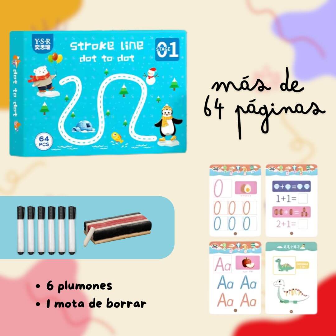 LIBRO PRE ESCOLAR REUTILIZABLE-LINESTROKE 64 PAGINAS (MEJORA LA MOTRICIDAD FINA Y COGNITIVA)